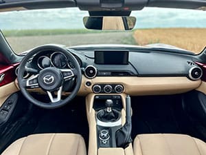 The MX-5 is well equipped with an 8.8 inch infotainment screen, and it’s comfortable.