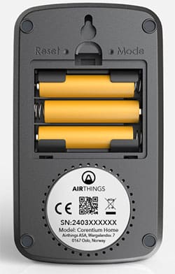 The Corentium Home is powered by three AAA alkaline batteries with a lifespan of up to two years